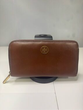 Tory Burch Brown Saffiano Leather Zip-Around Wallet with Gold Logo